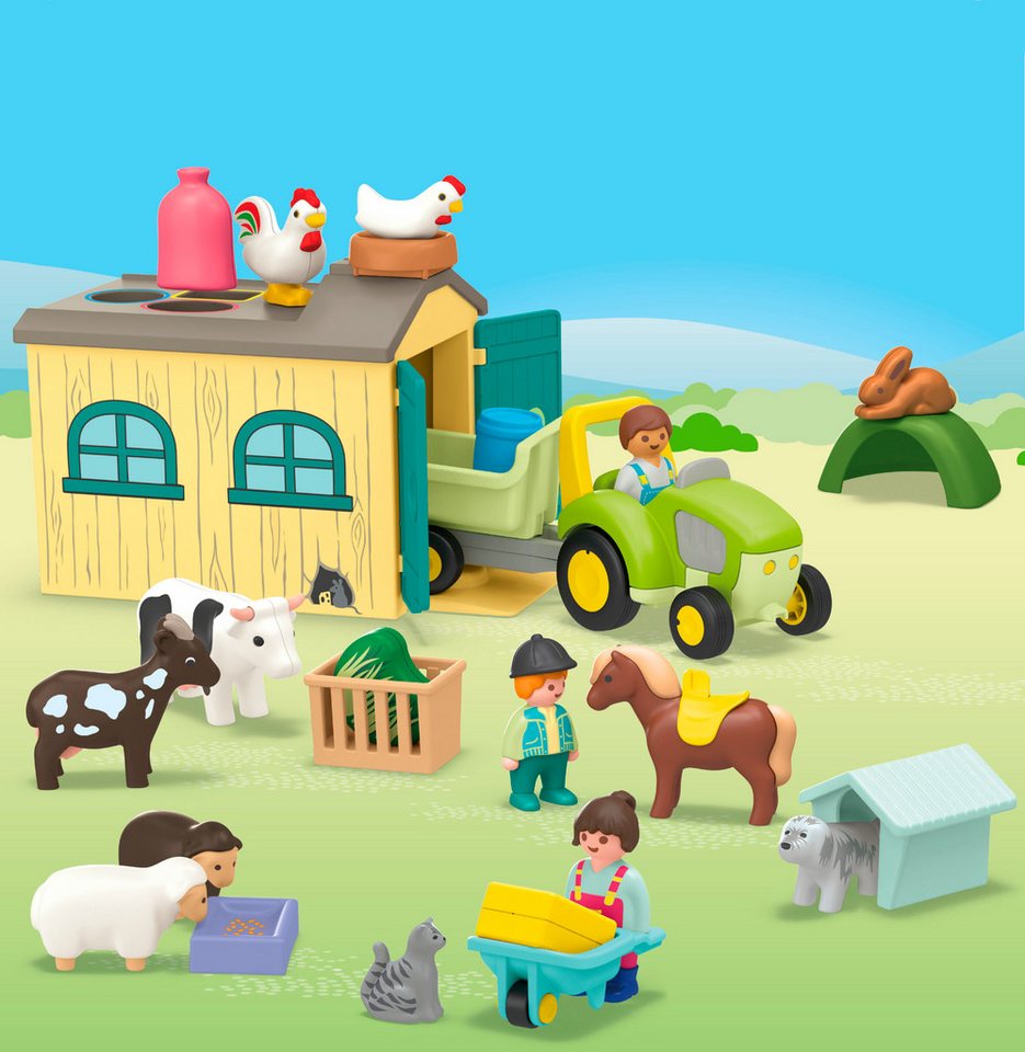Playmobil® Bauernhof-Abenteuer mit Traktor, Anhänger u. tier. Freunden (71656) Konstruktions-Spielset, (29 St), JUNIOR, Made in Europe