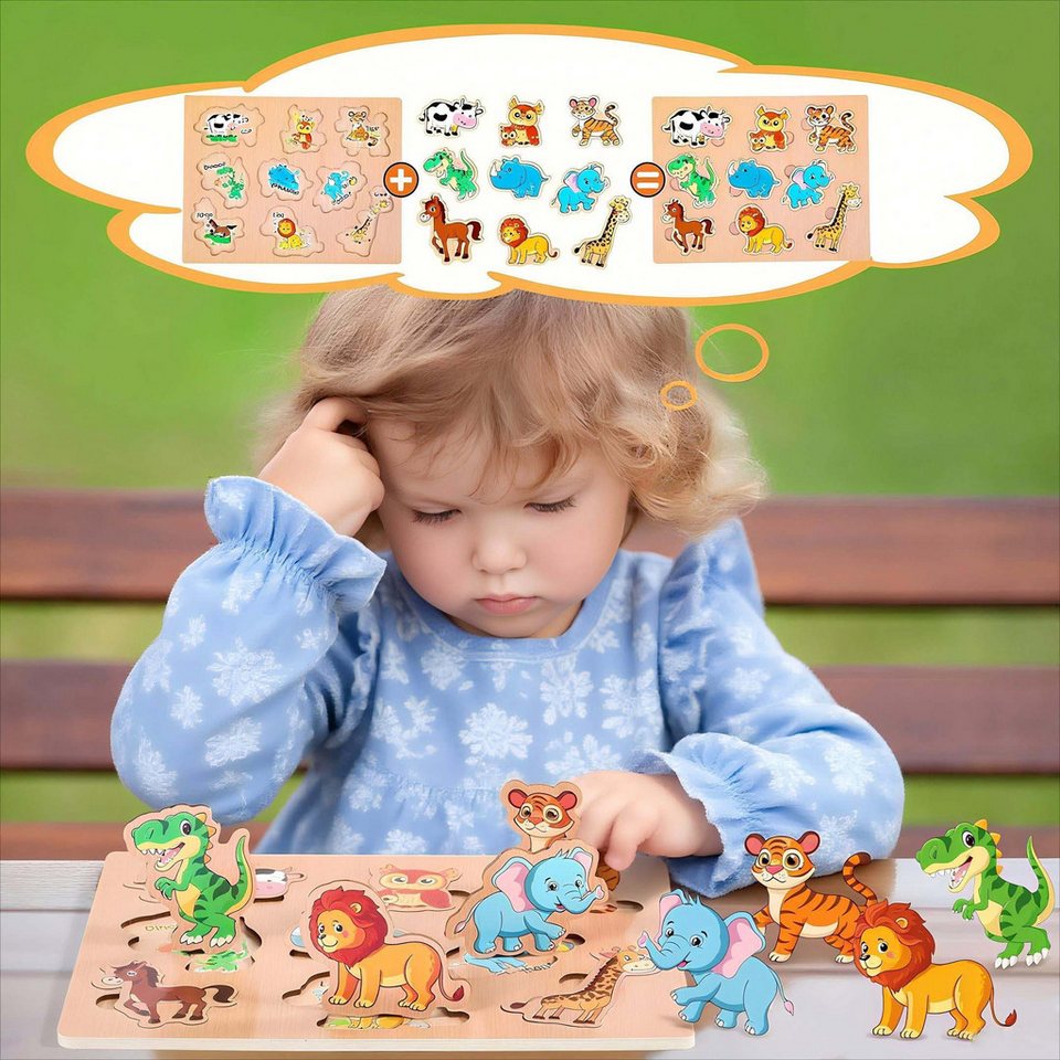 POPOLIC Lernspielzeug 6er Set Kinder Holzpuzzle,Allgemeinwissen-Rätsel, Montessori-Spielzeug (26 x 20 x 4.5 cm, 1-St., Umweltfreundliche, sichere Materialien), Puzzle Steckpuzzle Lernspielzeug Kinderspielzeug 2 3 Jahre