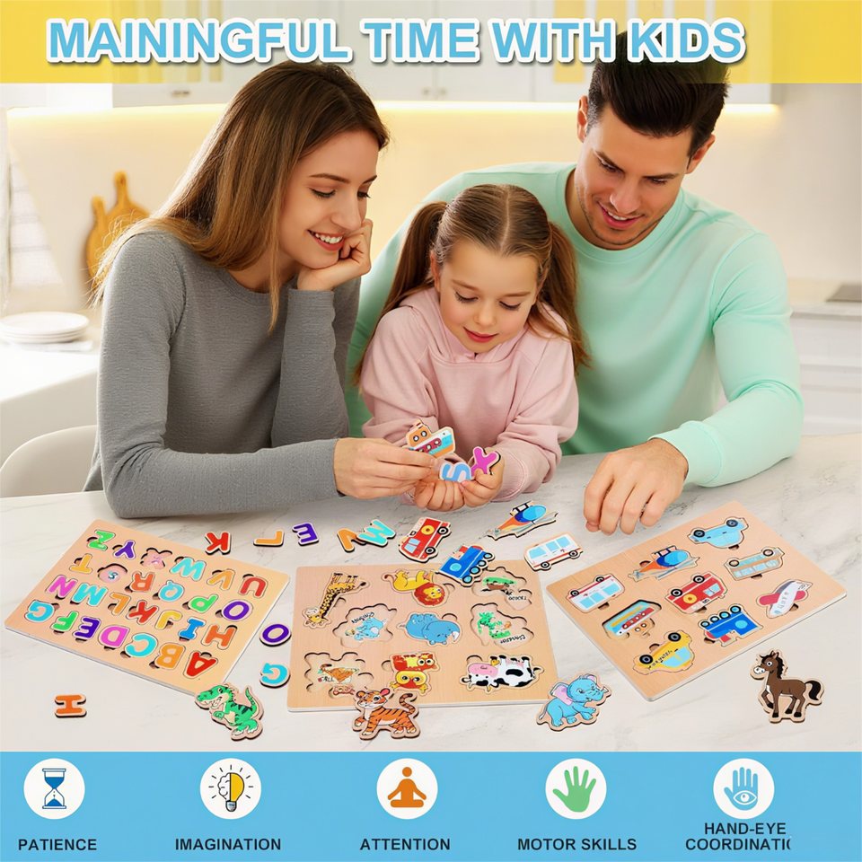 POPOLIC Lernspielzeug 6er Set Kinder Holzpuzzle,Allgemeinwissen-Rätsel, Montessori-Spielzeug (26 x 20 x 4.5 cm, 1-St., Umweltfreundliche, sichere Materialien), Puzzle Steckpuzzle Lernspielzeug Kinderspielzeug 2 3 Jahre