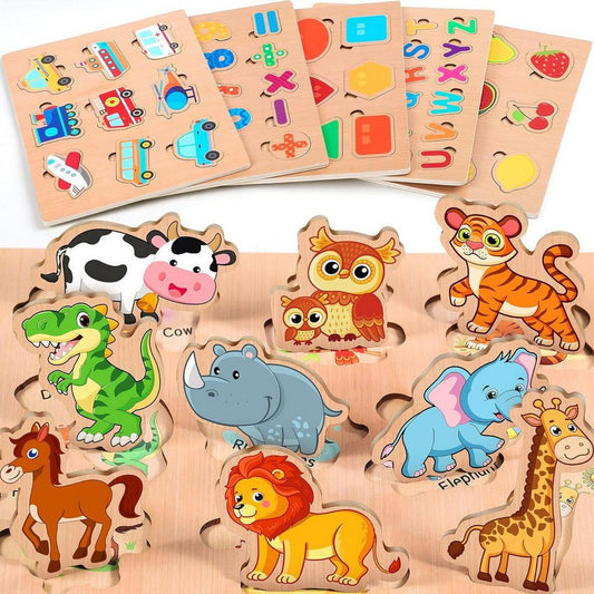 POPOLIC Lernspielzeug 6er Set Kinder Holzpuzzle,Allgemeinwissen-Rätsel, Montessori-Spielzeug (26 x 20 x 4.5 cm, 1-St., Umweltfreundliche, sichere Materialien), Puzzle Steckpuzzle Lernspielzeug Kinderspielzeug 2 3 Jahre