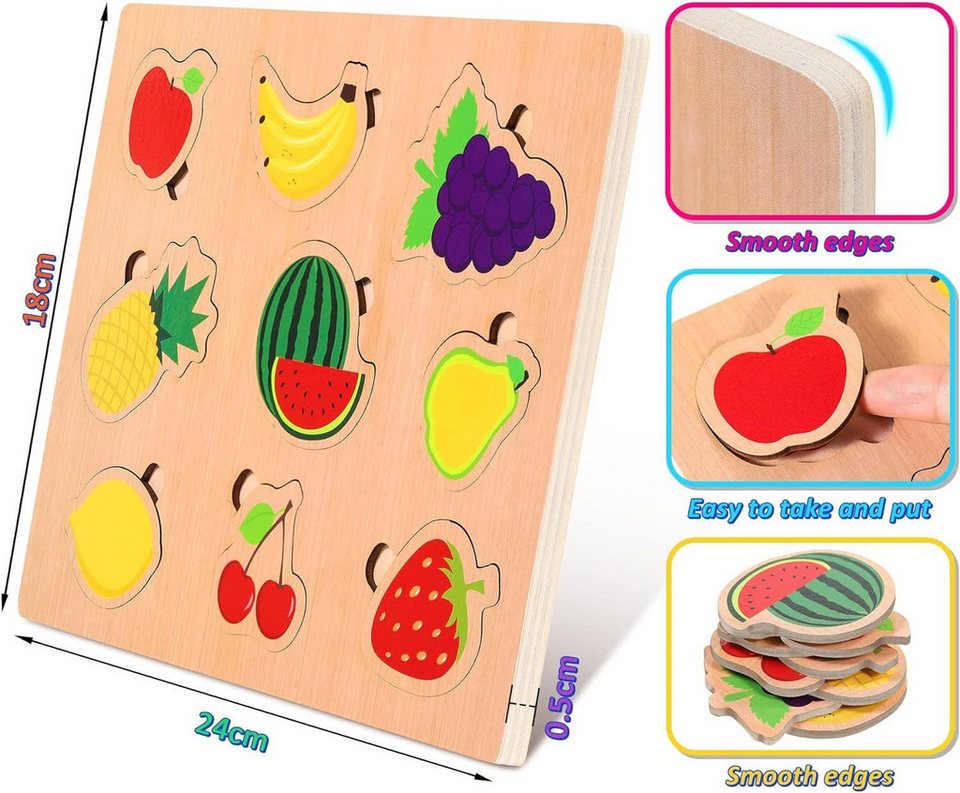 POPOLIC Lernspielzeug 6er Set Kinder Holzpuzzle,Allgemeinwissen-Rätsel, Montessori-Spielzeug (26 x 20 x 4.5 cm, 1-St., Umweltfreundliche, sichere Materialien), Puzzle Steckpuzzle Lernspielzeug Kinderspielzeug 2 3 Jahre