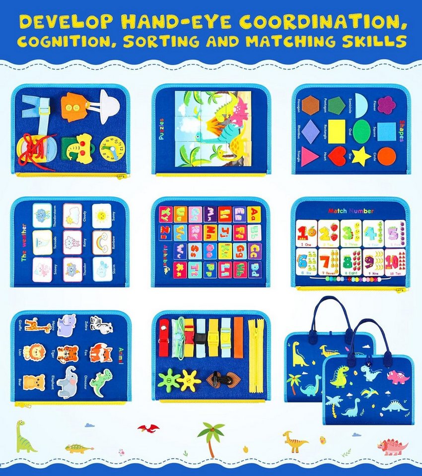 POPOLIC Lernspielzeug Busy Board für Kinder - Activity Board Montessori Spielzeug (Motorik Lernspielzeug Kleinkind Sensorik Spielzeug Quiet Book, 1-St), für 1 2 3 4 5 Jahre Junge und Mädchen