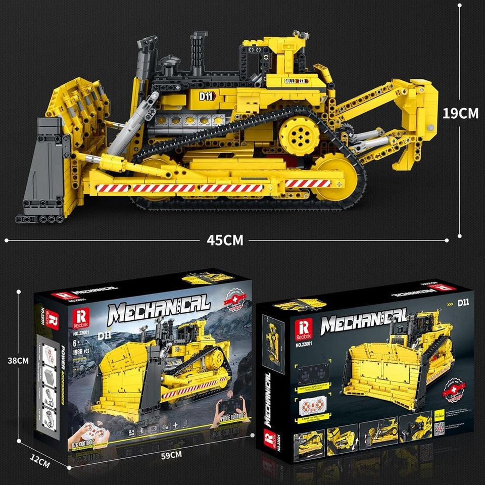 Reobrix Reobrix 22001 Mechanical Bulldozer - Technik Modell - RC-Control Konstruktionsspielsteine, (1988 St)