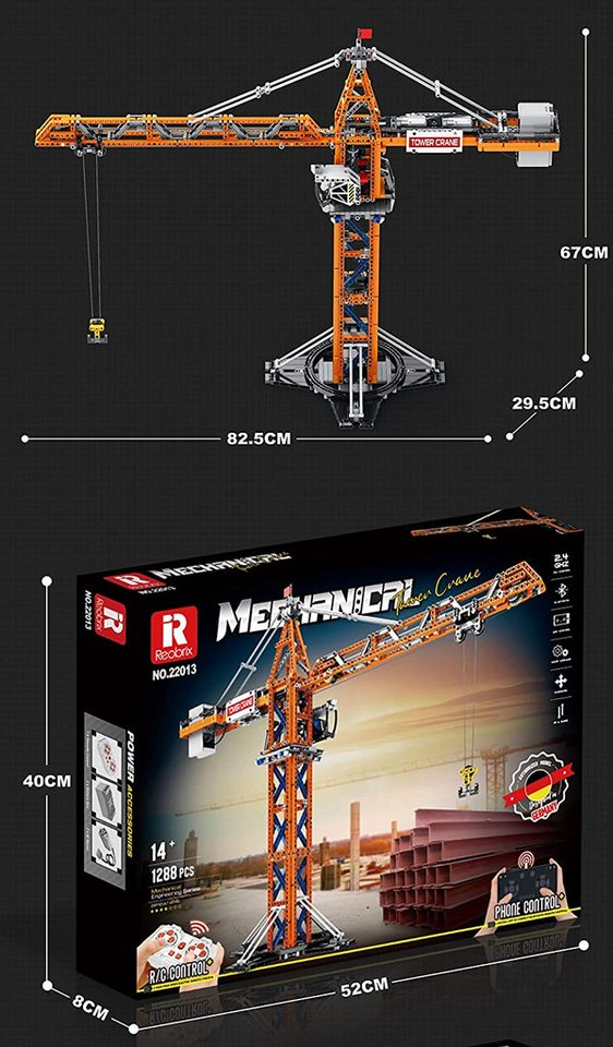 DEEP POWER 22013 Technic Turmdrehkran Moc Klemmbausteine 1288 Teile Konstruktionsspielsteine, (Set, 1288 St)