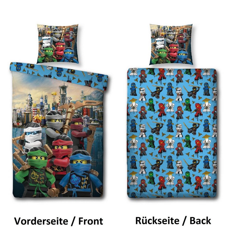 Familando Kinderbettwäsche Lego Ninjago 135x200 + 80x80cm mit Reißverschluss aus 100% Baumwolle, Renforcé, 2 teilig, Motiv "Assemble" mit Lloyd, Kai, Jay, Nyia, Cole & Zane