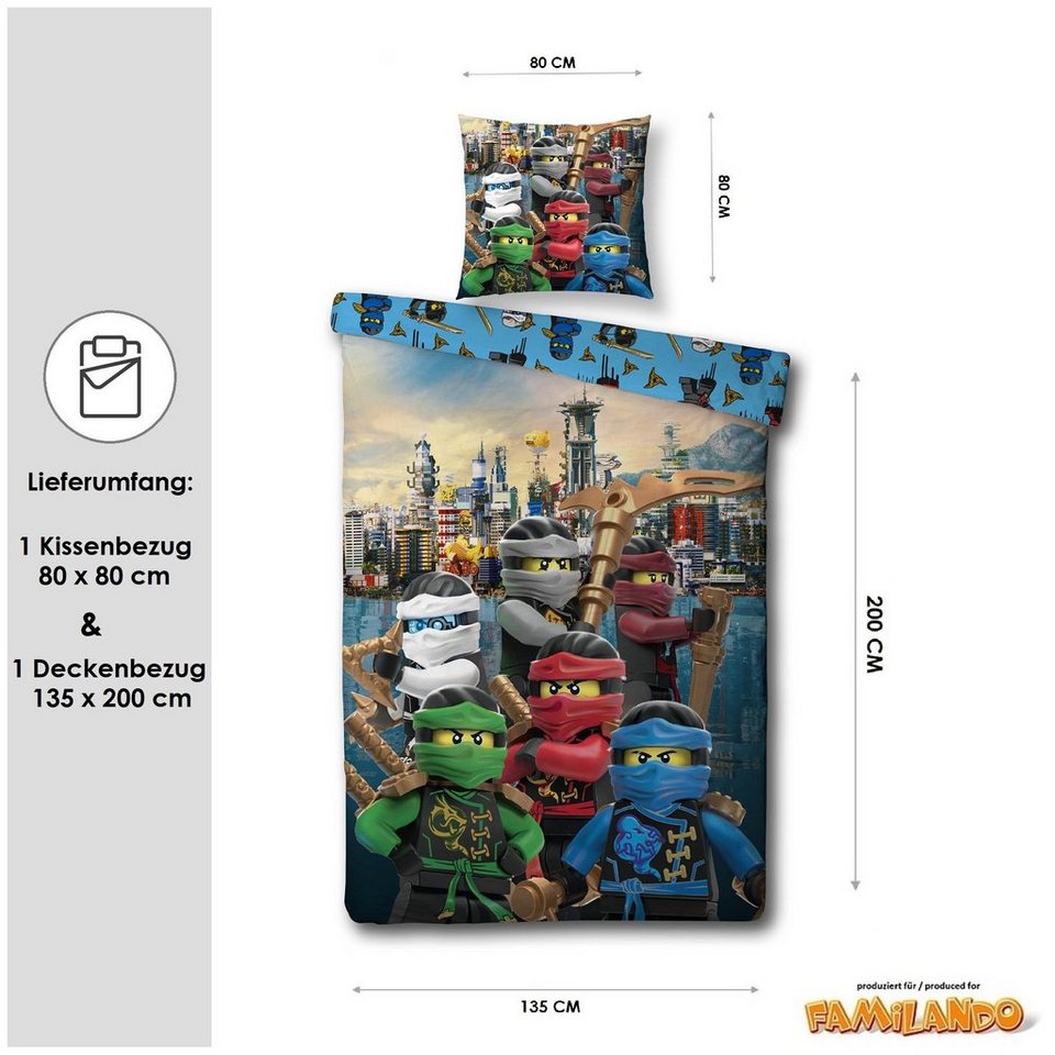 Familando Kinderbettwäsche Lego Ninjago 135x200 + 80x80cm mit Reißverschluss aus 100% Baumwolle, Renforcé, 2 teilig, Motiv "Assemble" mit Lloyd, Kai, Jay, Nyia, Cole & Zane