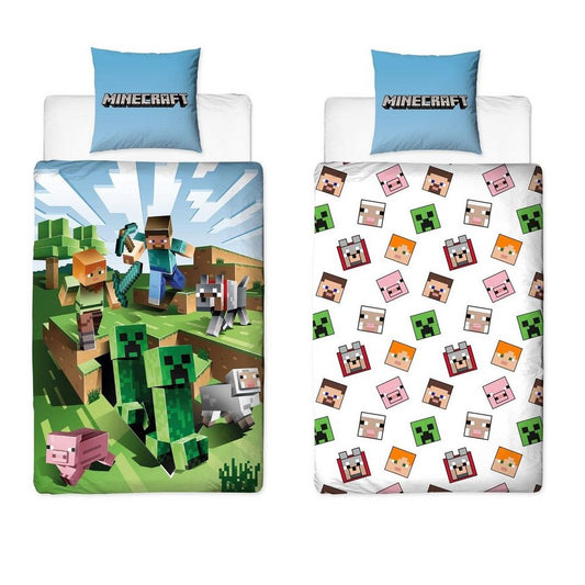 Familando Kinderbettwäsche Minecraft "Battle" 135x200 + 80x80 cm aus 100% Baumwolle mit Reißversc, Renforcé, 2 teilig, mit Charakteren Steve, Alex und Creeper