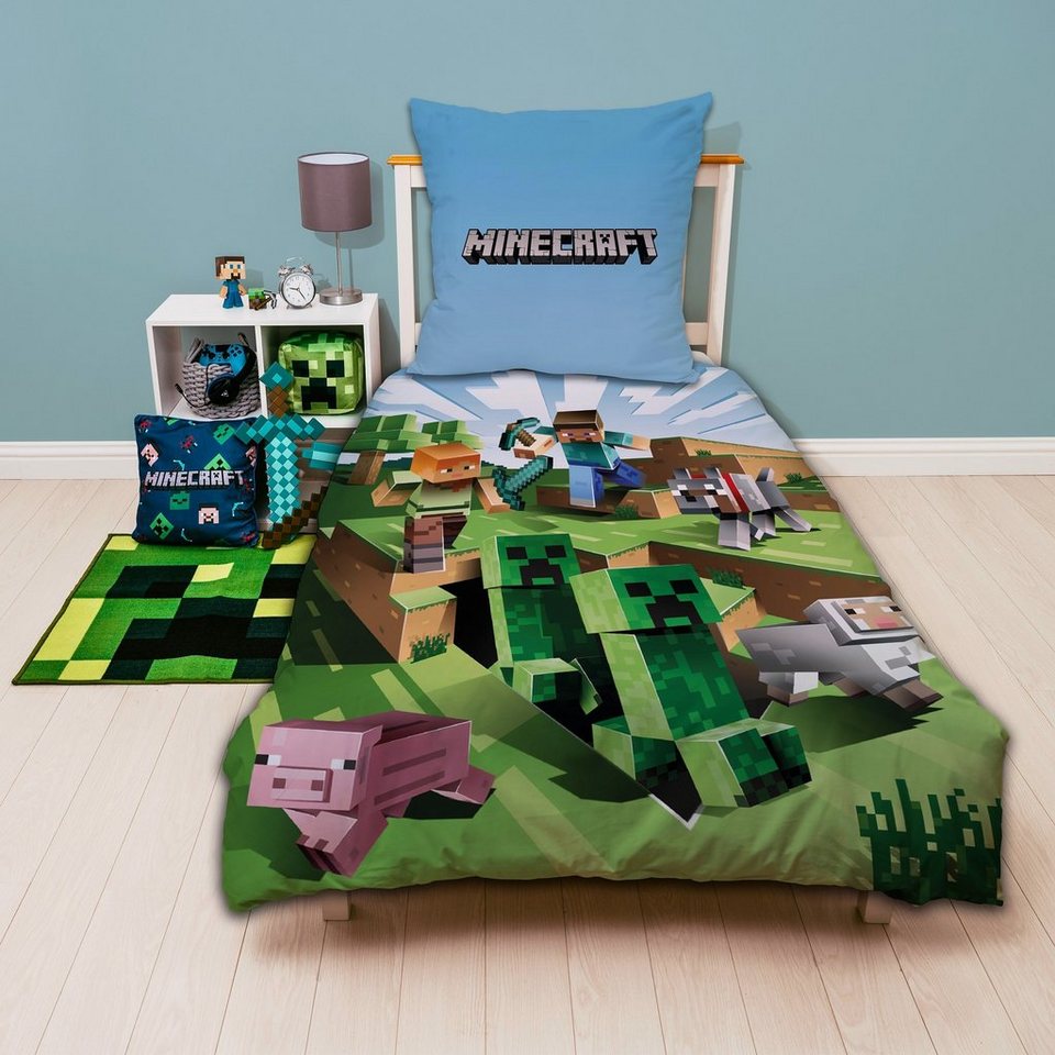 Familando Kinderbettwäsche Minecraft "Battle" 135x200 + 80x80 cm aus 100% Baumwolle mit Reißversc, Renforcé, 2 teilig, mit Charakteren Steve, Alex und Creeper