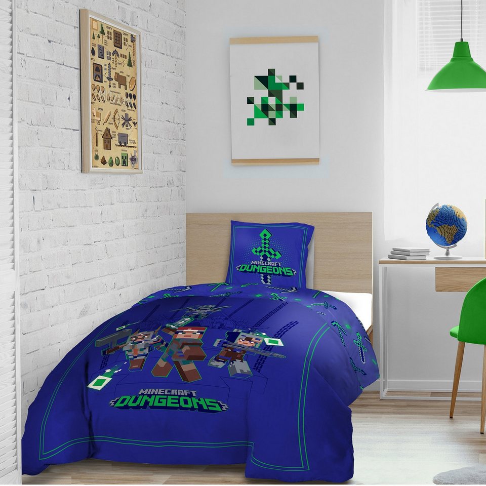Familando Kinderbettwäsche Minecraft Bettwäsche Set für Jungen Kinderbettwäsche 135x200 80x80 cm, Renforcé, 2 teilig, mit Schriftzug und gemusterter Wendeseite
