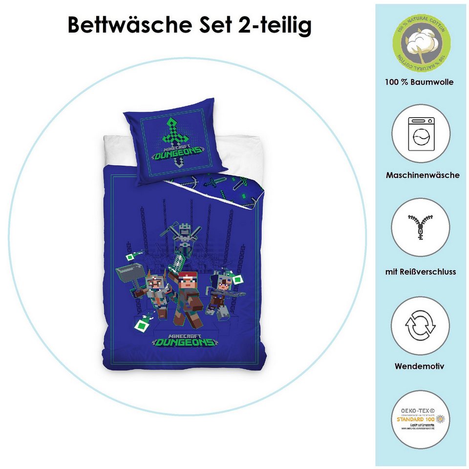Familando Kinderbettwäsche Minecraft Bettwäsche Set für Jungen Kinderbettwäsche 135x200 80x80 cm, Renforcé, 2 teilig, mit Schriftzug und gemusterter Wendeseite