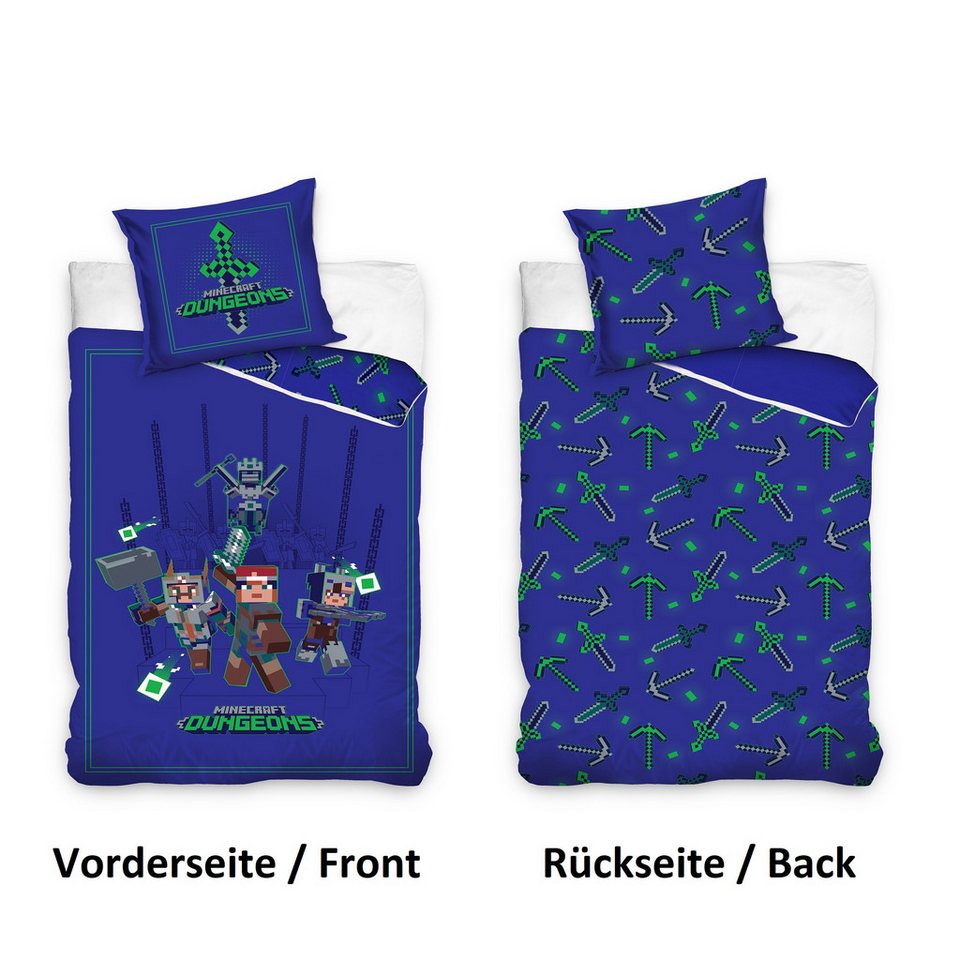 Familando Kinderbettwäsche Minecraft Bettwäsche Set für Jungen Kinderbettwäsche 135x200 80x80 cm, Renforcé, 2 teilig, mit Schriftzug und gemusterter Wendeseite