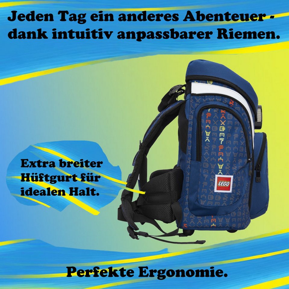 LEGO® Bags Schulranzen Lego Ninjago Einschulungs-Set "Explorer" mit gefüllter Federmappe (Set, 6-tlg., mit Schlamper, Turn- & Geldbeutel), ab der 1. Klasse, Ergonomisch, 16L Volumen, wasserabweisend
