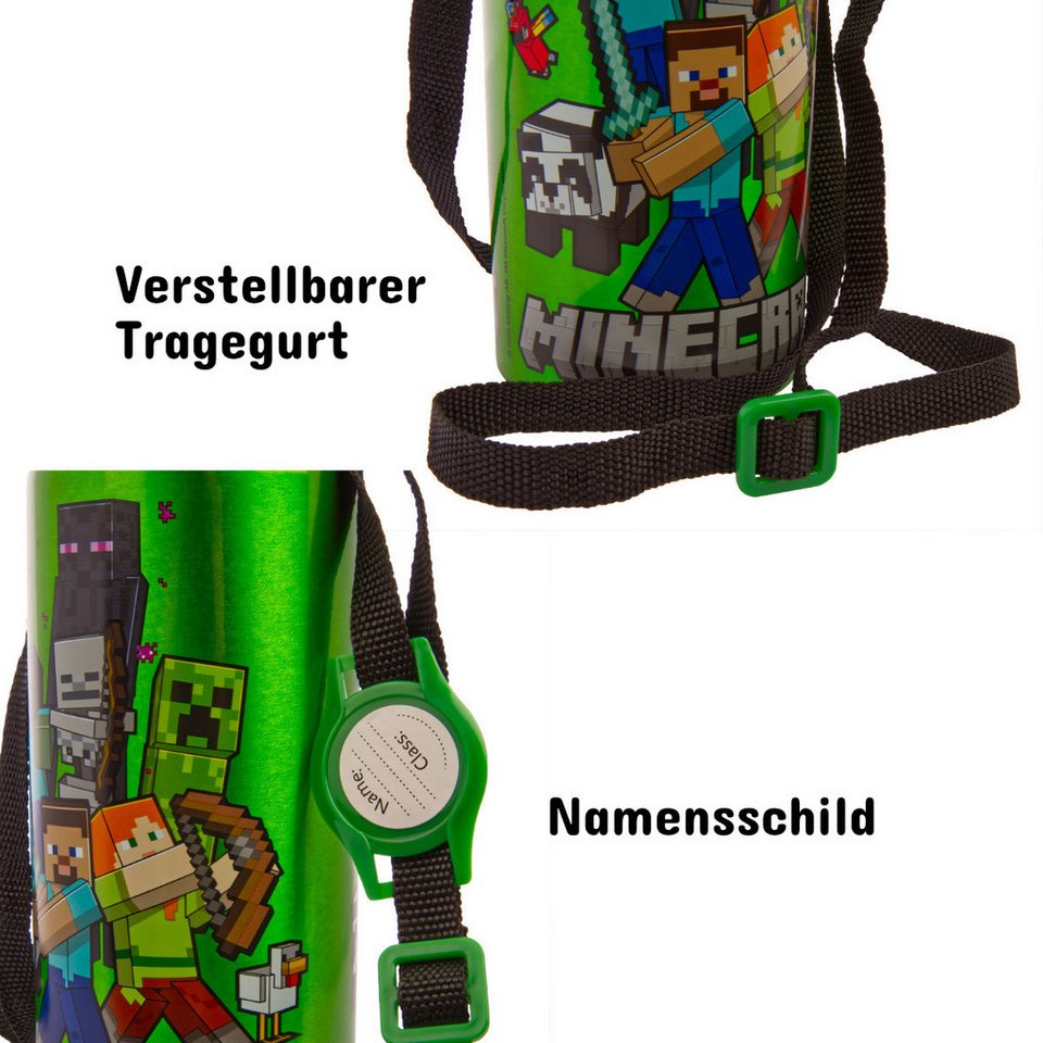 miniHeld Trinkflasche Kinder Trinkflasche Minecraft 600ml Tragegurt Aluminium GameCharakter