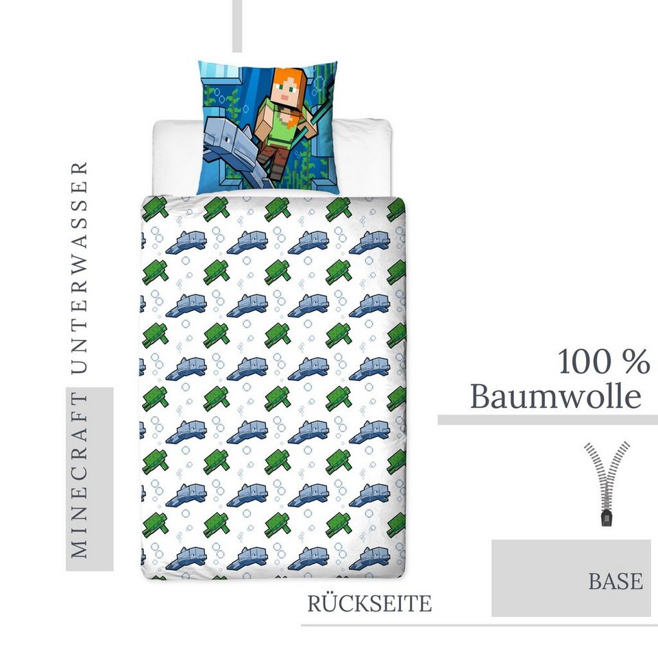 MTOnlinehandel Bettwäsche Minecraft 135x200 + 80x80 cm, 100 % Baumwolle, Renforcé, 2 teilig, offiziell lizenzierte Kinder- und Jugendbettwäsche "Minecraft Survive"