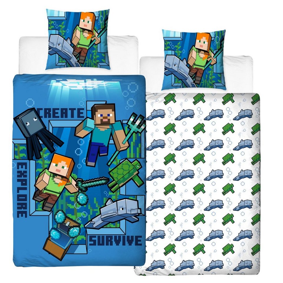 MTOnlinehandel Bettwäsche Minecraft 135x200 + 80x80 cm, 100 % Baumwolle, Renforcé, 2 teilig, offiziell lizenzierte Kinder- und Jugendbettwäsche "Minecraft Survive"