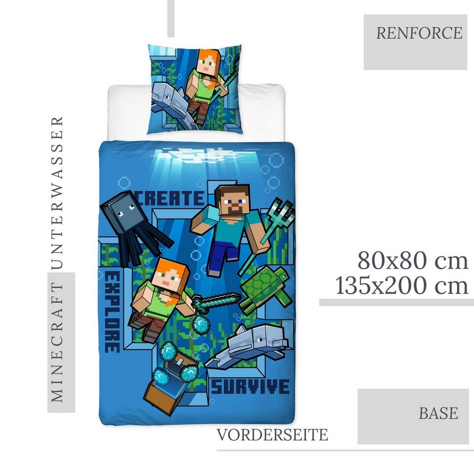 MTOnlinehandel Bettwäsche Minecraft 135x200 + 80x80 cm, 100 % Baumwolle, Renforcé, 2 teilig, offiziell lizenzierte Kinder- und Jugendbettwäsche "Minecraft Survive"