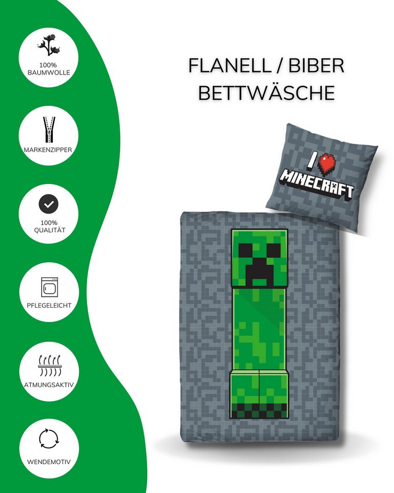 MTOnlinehandel Kinderbettwäsche Minecraft 135x200 + 80x80 cm 100% Baumwolle, Biber, 2 teilig, Wende-Motiv, Gaming, Schriftzug "I love Minecraft"