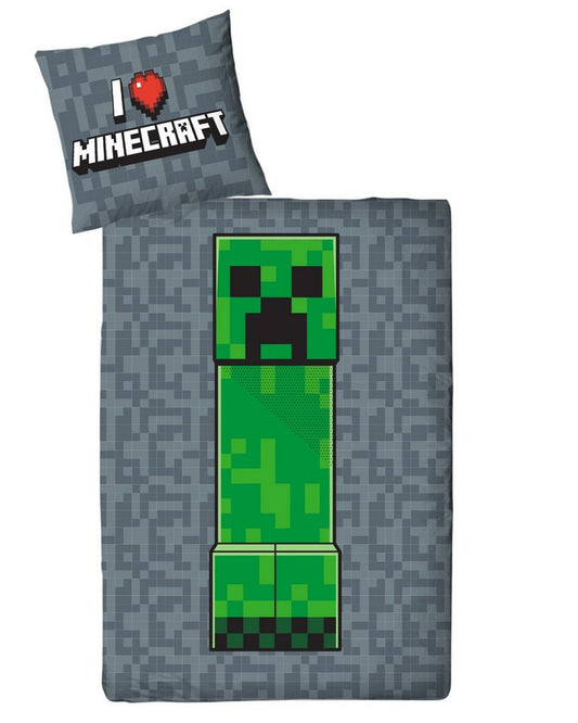 MTOnlinehandel Kinderbettwäsche Minecraft 135x200 + 80x80 cm 100% Baumwolle, Biber, 2 teilig, Wende-Motiv, Gaming, Schriftzug "I love Minecraft"