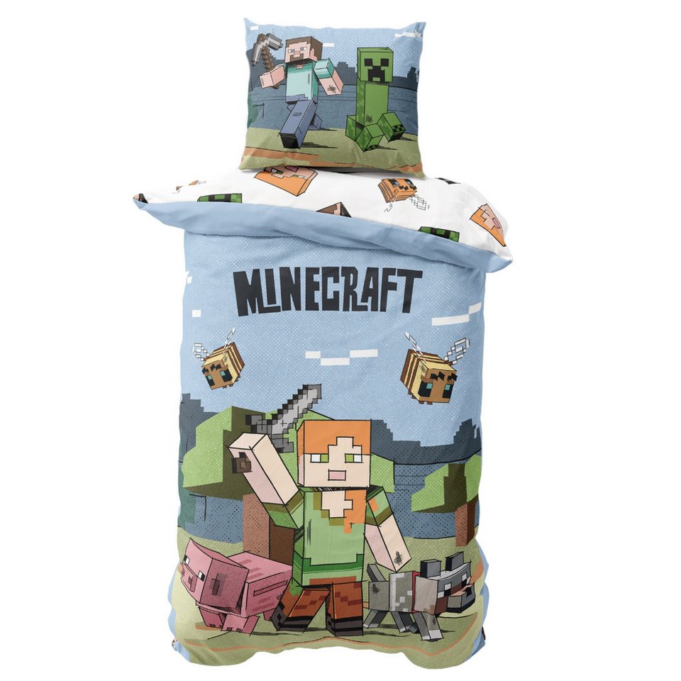 MTOnlinehandel Kinderbettwäsche Minecraft Steve & Alex, Geschenk für Gamer, Mikrofaser, 2 teilig, Wendebettwäsche für Mädchen und Jungs, 135x200 + 80x80 cm, Gaming