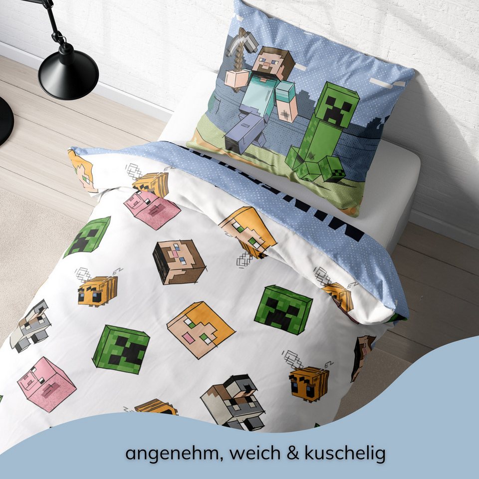 MTOnlinehandel Kinderbettwäsche Minecraft Steve & Alex, Geschenk für Gamer, Mikrofaser, 2 teilig, Wendebettwäsche für Mädchen und Jungs, 135x200 + 80x80 cm, Gaming