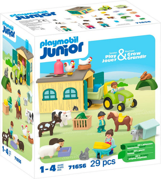 Playmobil® Bauernhof-Abenteuer mit Traktor, Anhänger u. tier. Freunden (71656) Konstruktions-Spielset, (29 St), JUNIOR, Made in Europe